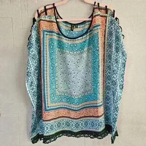 Want and Need Blue Orange Boxy Cold Shoulder Drop Sleeve Crochet Trim Top 2X